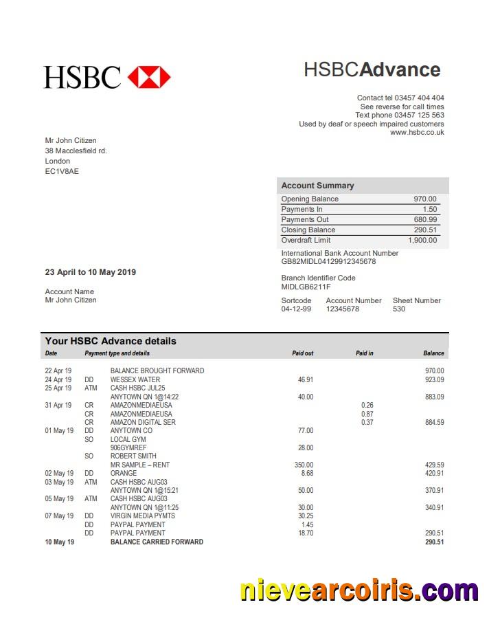 United Kingdom HSBC bank statement in Word and PDF format